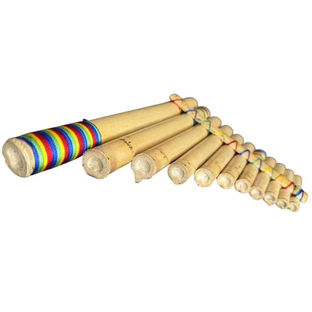 Handcrafted Bamboo Pan Flute 10 Pipe Natural Wood Wind Instrument Rainbow Wrap